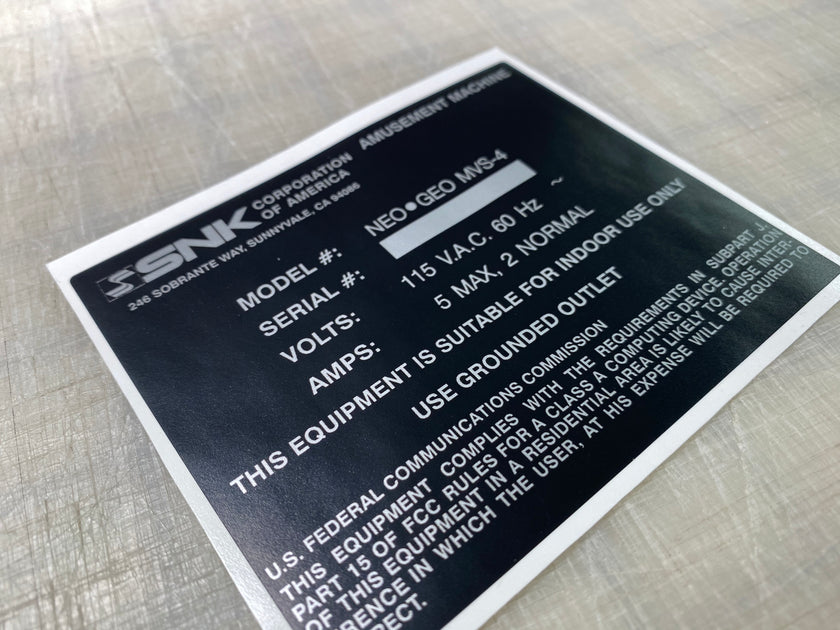 Neo Geo serial Number cabinet label. – Szabo's Arcades