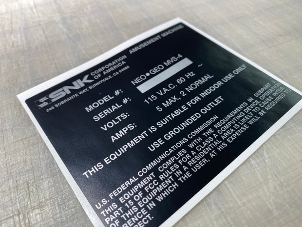 Neo Geo serial Number cabinet label.